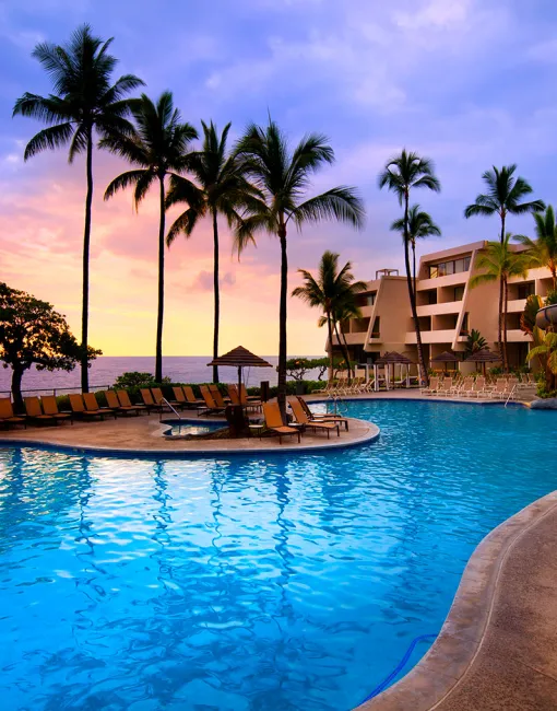 Palm trees silhouetted against a sunset sky, with lounge chairs around a pool and a resort in the background.