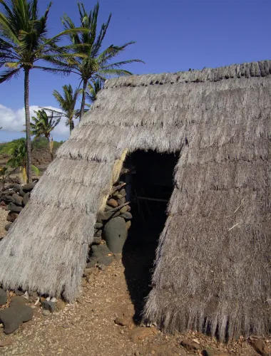 Restored thatched hut with a backdrop of palm trees at Lapakahi State Historical Park.