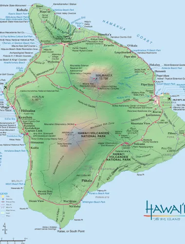 A detailed map of the island of Hawaiʻi showing key locations and landmarks.
