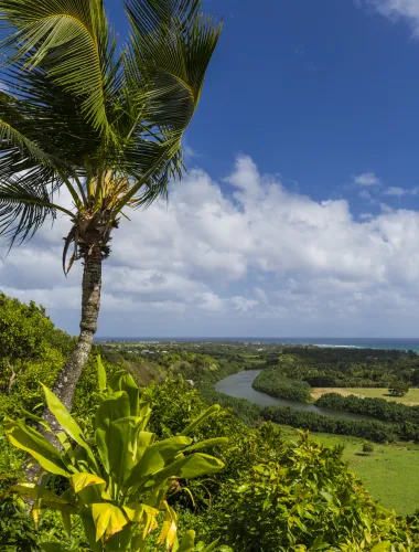 Aerial view of the Wailua River on the East Side of Kauaʻi in Hawaiʻi