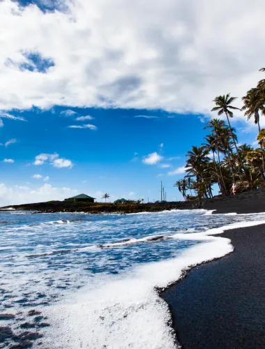 A scenic view of Punalu‘u Black Sand Beach with palm trees, blue sky, and ocean waves meeting the black sand shoreline.