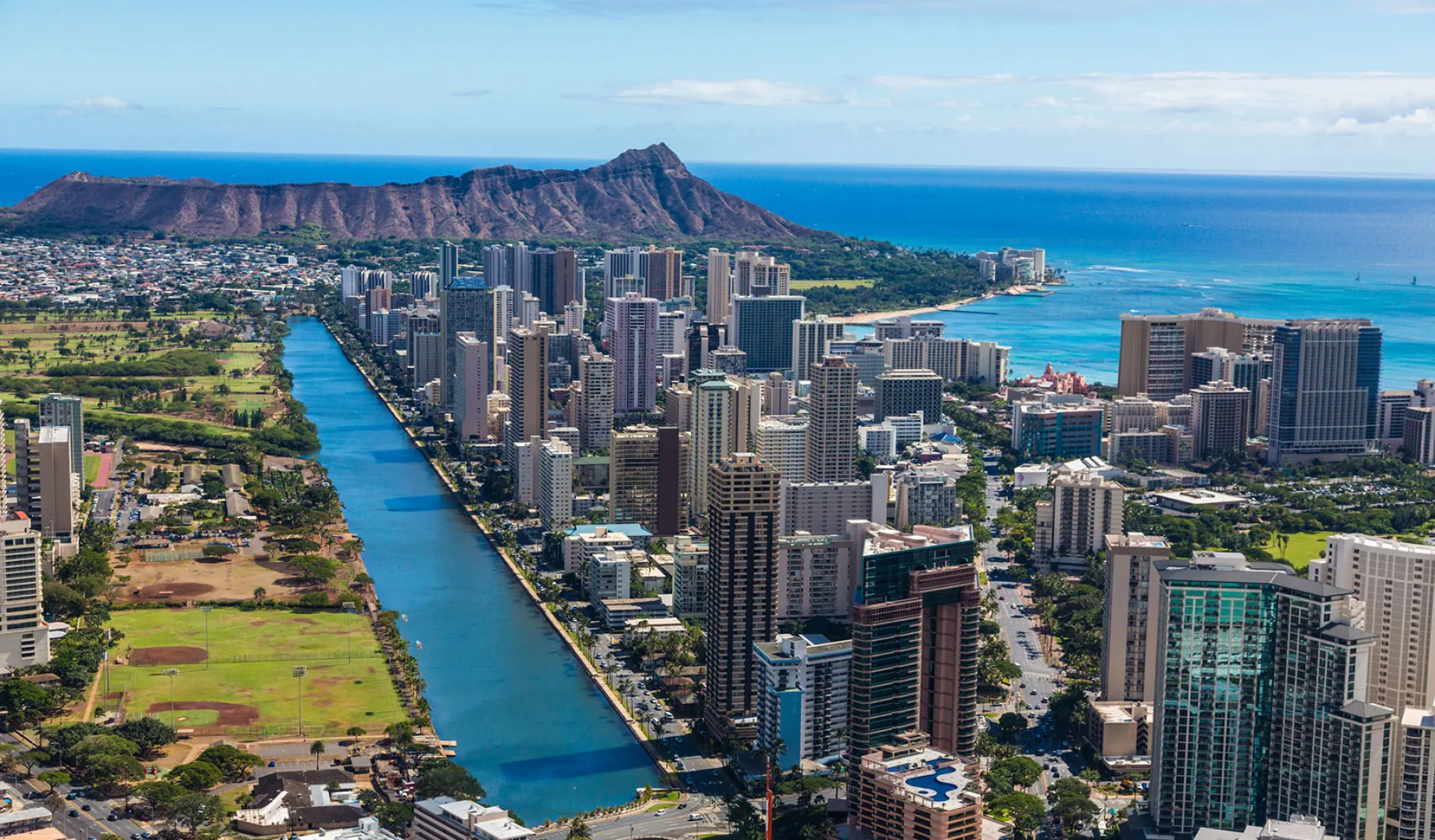 Aerial view of Honolulu's Waikīkī  neighborhood and Lēʻahi on Oʻahu in Hawaiʻi  