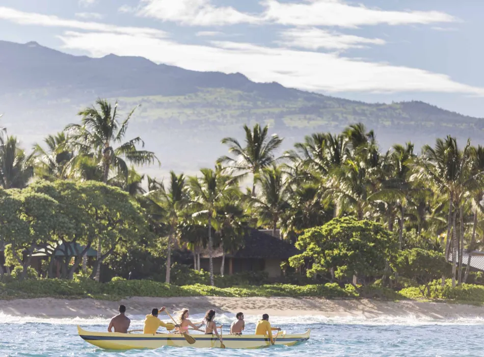 Group of people rowing on a calm bay with lush greenery, palm trees, and mountains in the background on a sunny day.