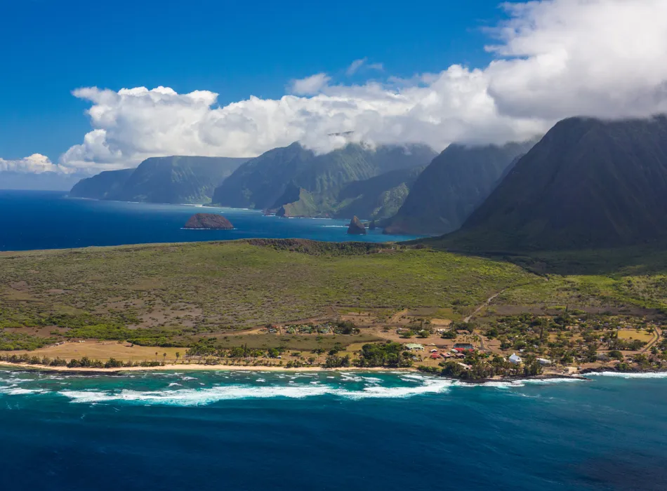 Aerial of the Makanalua Peninsula from a helicopter tour on Molokaʻi in Hawaiʻi